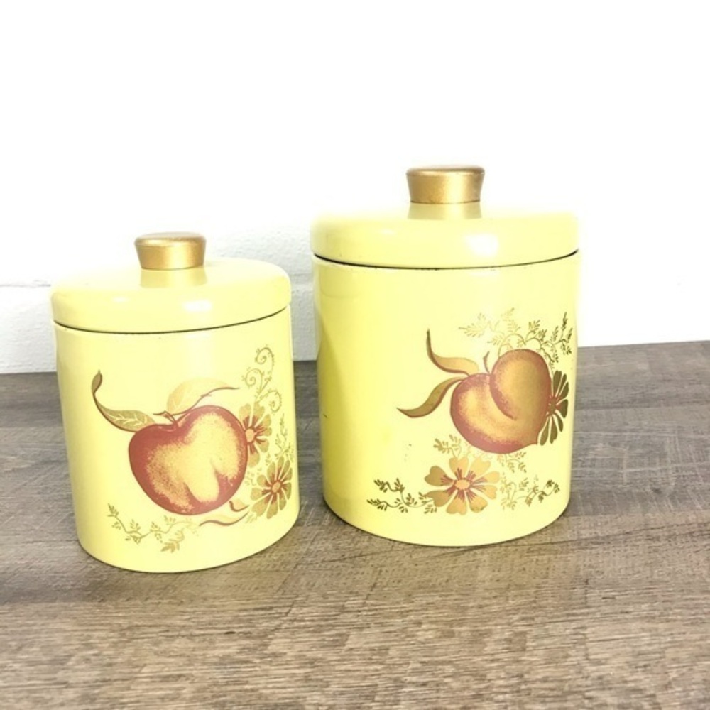 Vintage Ransburg metal canisters Made in USA set of two apples peaches fruit